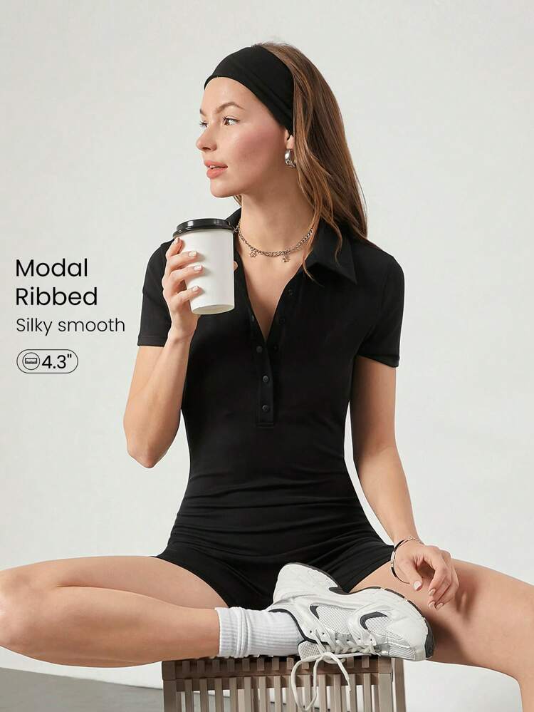 4,3-calowy kombinezon SoftSerene Modal Ribbed Button Front Active Romper Low Impact Codzienna joga Casual Wyjmowane miseczki