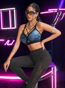 Innovista Women Activewear Foil Print Sports Bra, Faux Leather & Metallic Shine Gym Top, Hollow Out Animal Print Breathable & Elastic Workout Outfits, Zebra-Stripe Print, Edgy &Unique Sleek & Lux Tracksuit,Music Festival, Party, Dance,Electric, Yoga,Pilates,Running,Cardio,Going Out,Athleisure, Y2K, Autumn,Bikini,Bathing Suit,WAG,Mother's Day Gift - Blue - View 5