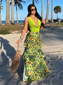 SHEIN SXY Conjunto de top halter de unicolor y minifalda, estilo de moda minimalista para uso diario casual, ropa de verano para mujer, conjunto de dos piezas, verde, atuendo de vacaciones para mujer, conjuntos de primavera para mujer, sexy, estampado de leopardo, atuendo de crucero para mujer, conjunto de dos piezas de vacaciones, ropa de resort para mujer, atuendos de Ibiza, vacaciones de primavera