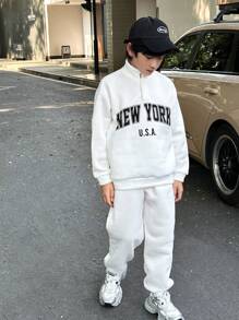 Tween 男童字母印花纽扣前卫衣和运动裤套装，休闲宽松，适合日常穿着，秋冬季 - 白色 - 查看 1