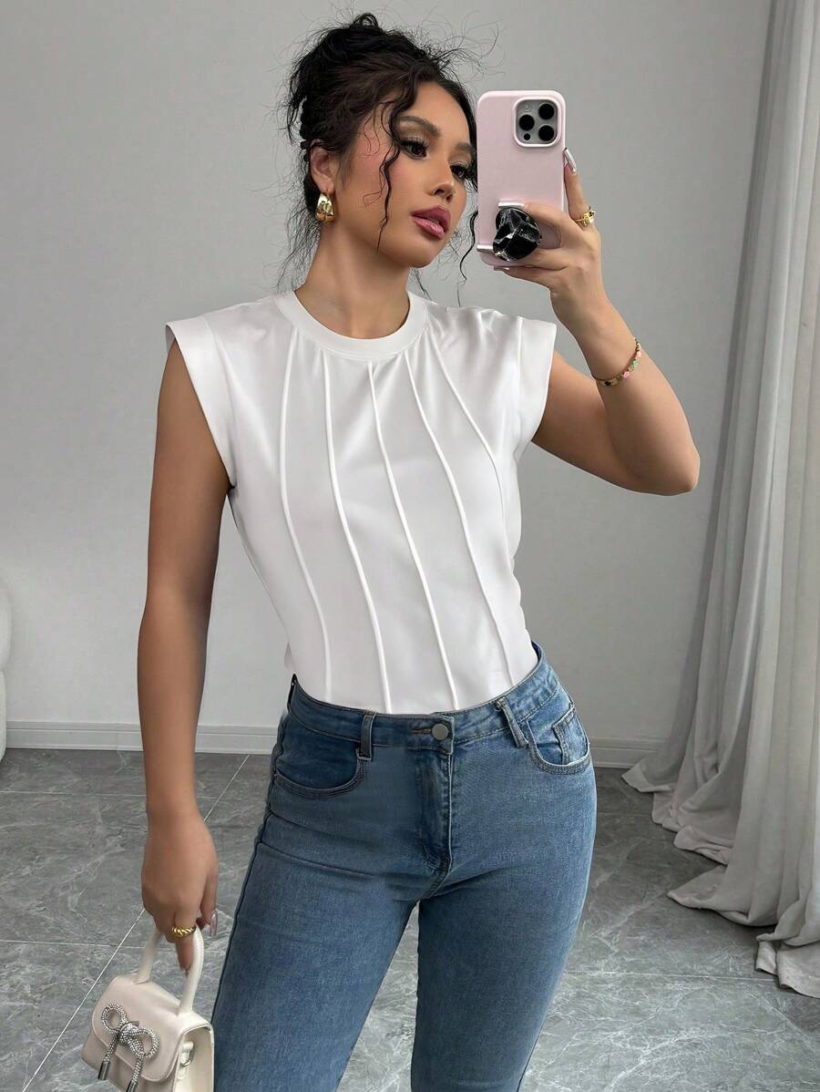 Chiquease Women White Round Neck Ruched Cap Sleeve T-Shirt - White - View 1