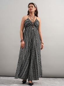 SHEIN VCAY Plus Size Black And White Summer Boho Elegant Vacation Holiday Wide Leg Jumpsuit With Neck Strap,Graphic Western Wear Concert Rave Festival Outfits - Black and White - View 6