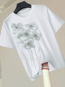 SHEIN Clasi White 3D Flower Decor Round Neck Short Sleeve Casual T-Shirt For Women - White - View 1