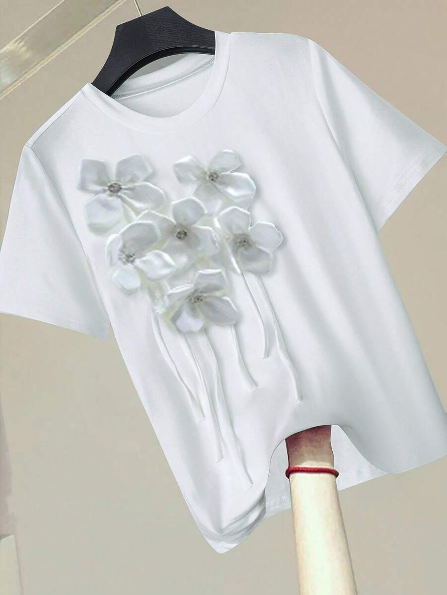 SHEIN Clasi White 3D Flower Decor Round Neck Short Sleeve Casual T-Shirt For Women - White - View 1