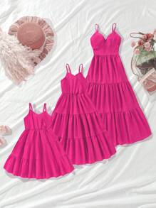 Vestido rosa fuchsia de tirantes finos y ajustado para niña, vestido de fiesta y eventos de diseño de alta gama con hombros descubiertos, bajo sirena y espalda descubierta, de moda elegante para primavera/otoño, conjunto a juego madre-hija de lujo y sofisticado