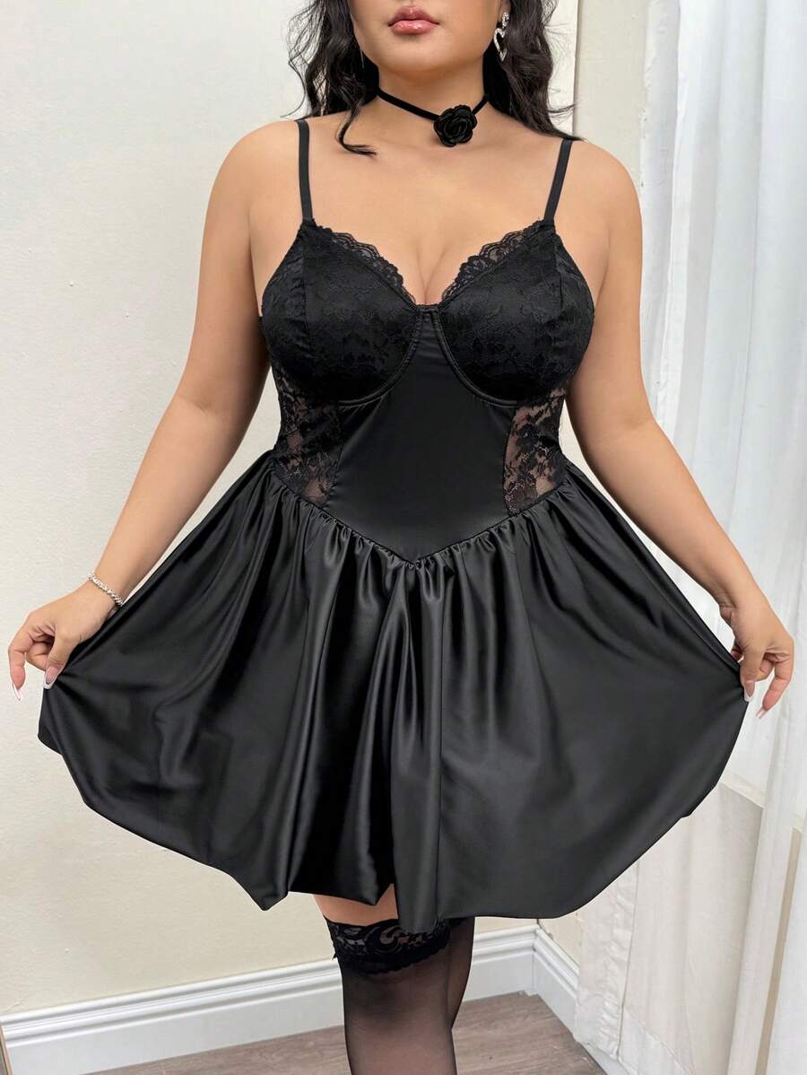 SHEIN ICON 大码蕾丝杯腰带荷叶边中长连衣裙 - 黑色 - 查看 1