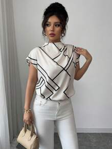 Elenzga Women's Casual Elegant Stand Collar Asymmetric Geometric Digital Print Short Sleeve Blouse, Spring/Summer