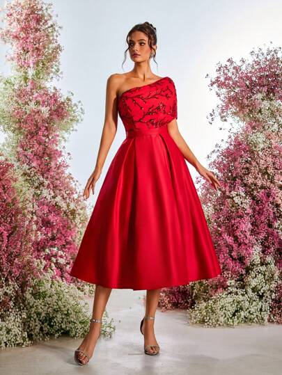 SHEIN Belle Elegant Glamorous Sequin Patchwork Satin Asymmetrical Neck Pleated A-Line Maxi Dress, Wedding Guest Dress, Suitable For Evening Parties, Galas, Dates, Formal Occasions, Party Dress, Prom Dress