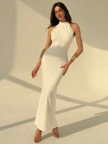 Aloruh Women's Backless Floral Printed Flocked & Mesh Sleeveless Dress - Black - View 4