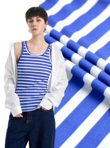 SHEIN Clasi Printed Random Cut Crew Neck Blue & White Striped Slim Fit Stretch Casual Simple Design Tank Top For Women - Blue - View 3