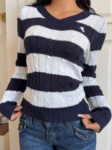 SHEIN EZwear 女式休闲拼色条纹刺绣细节毛衣，秋冬季上学上衣 - 藍白色 - 查看 4