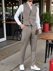 Manfinity Bizformal 男士纯色双排扣背心和裤子西装套装 - 棕色 - 查看 1