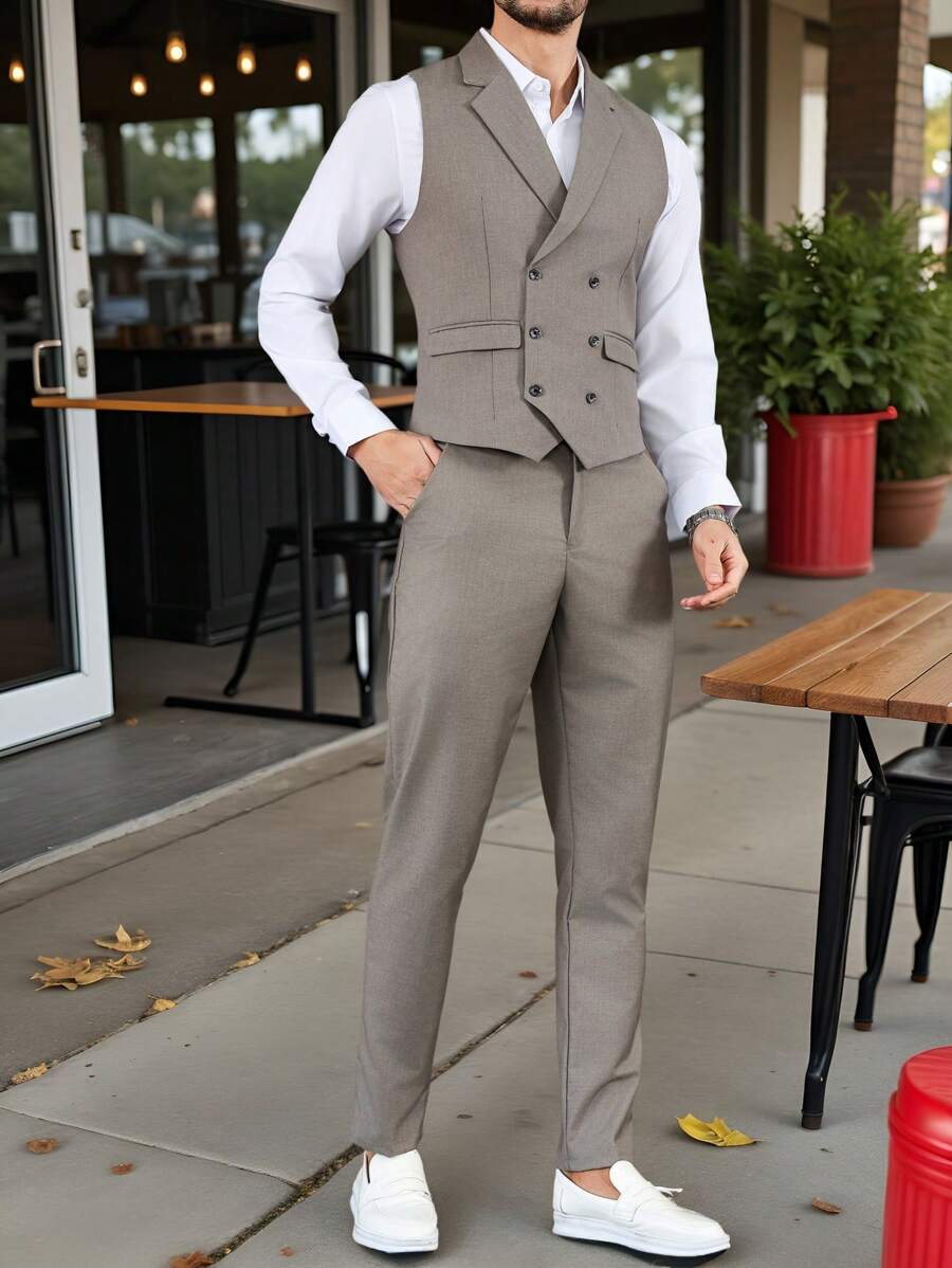 Manfinity Bizformal 男士纯色双排扣背心和裤子西装套装 - 棕色 - 查看 1