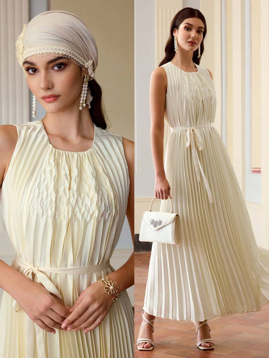ZEYLAH Women's Crew Neck Sleeveless Pleated Maxi Belted Dress, Satin Dress