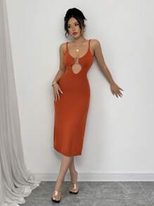Chiquease 2025 Spring/Summer New European And American Style V-Neck Circular Ring Design Sexy Side Split Knitted Slip Dress - Burnt Orange - View 5