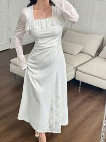 Modelyn 女式法式白色蕾丝长袖小众设计束腰连衣裙 - 白色 - 查看 6