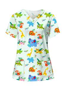 PopScrub Colorful Cute Cartoon Animal Auspicious Print V-Neck Short Sleeve Pocket Nursing Scrub Uniform Top Set Scrub Set Nurse Dresses Scrub Tops Scrub Bottoms Lab Coats Scrub Outwear Print V Neck Frosted Scrub Top, Casual Short Sleeve Work Wear, Women Sweetheart V-Neck Ruched Blouse, Women Short Sleeve V-Neck Nurse Scrub Uniform Shirt With 2 Pockets, Soft Stretchy Ruched Graphic Tee - Multicolor - View 3