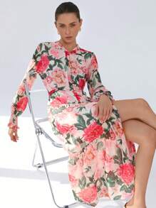 Aveloria Modichic 优雅通勤立领雪纺花卉印花拼色褶皱腰前扣长袖连衣裙 - 彩色 - 查看 1