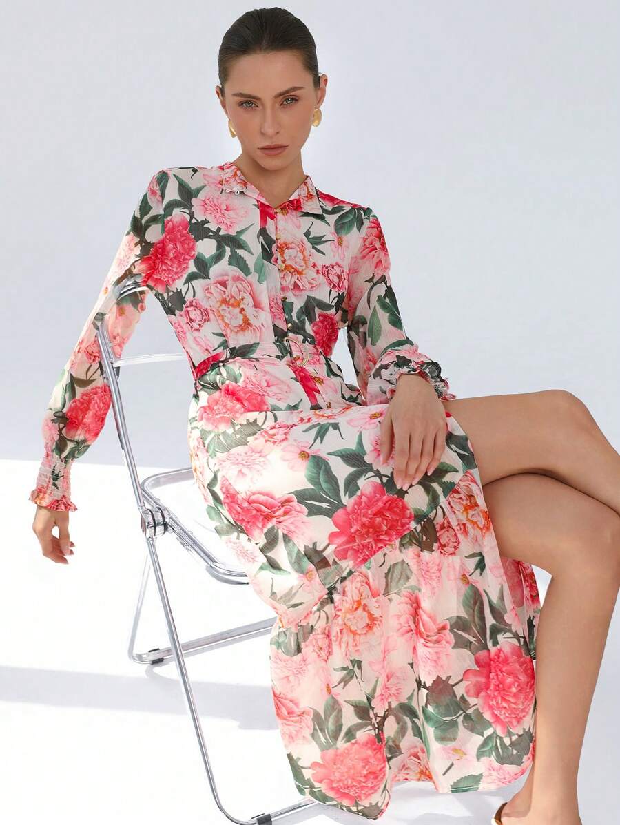 Aveloria Modichic 优雅通勤立领雪纺花卉印花拼色褶皱腰前扣长袖连衣裙 - 彩色 - 查看 1