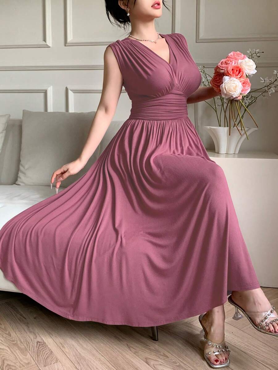 DAZY Vestido largo elegante de mujer con cuello en V, drapeado, sin mangas y de unicolor, vestido de cóctel o vestido de fiesta elegante - Rojo violeta - Ver 1