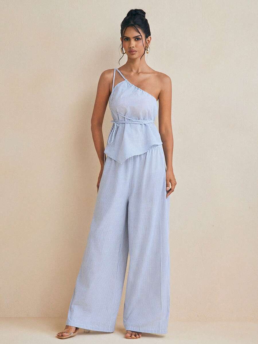 Nektaria Designer Light Blue Striped Elastic Waist With Drawstring Wide Leg Women Casual Palazzo Pajama Style Pants, Summer, Beach, For Women, Concert, Elegant, Vacation, Business Casual, Western Wear, Boho - Multicolor - View 1
