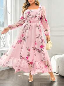 SHEIN Clasi 大码优雅玫瑰印花雪纺腰褶灯笼袖连衣裙，适合春秋季节、情人节