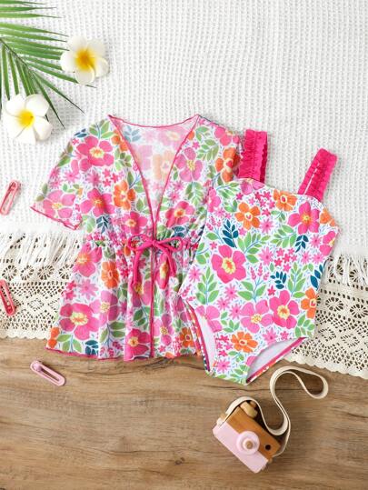 Baby Girl Floral Print One-Piece Swimsuit With Cover-Up Set