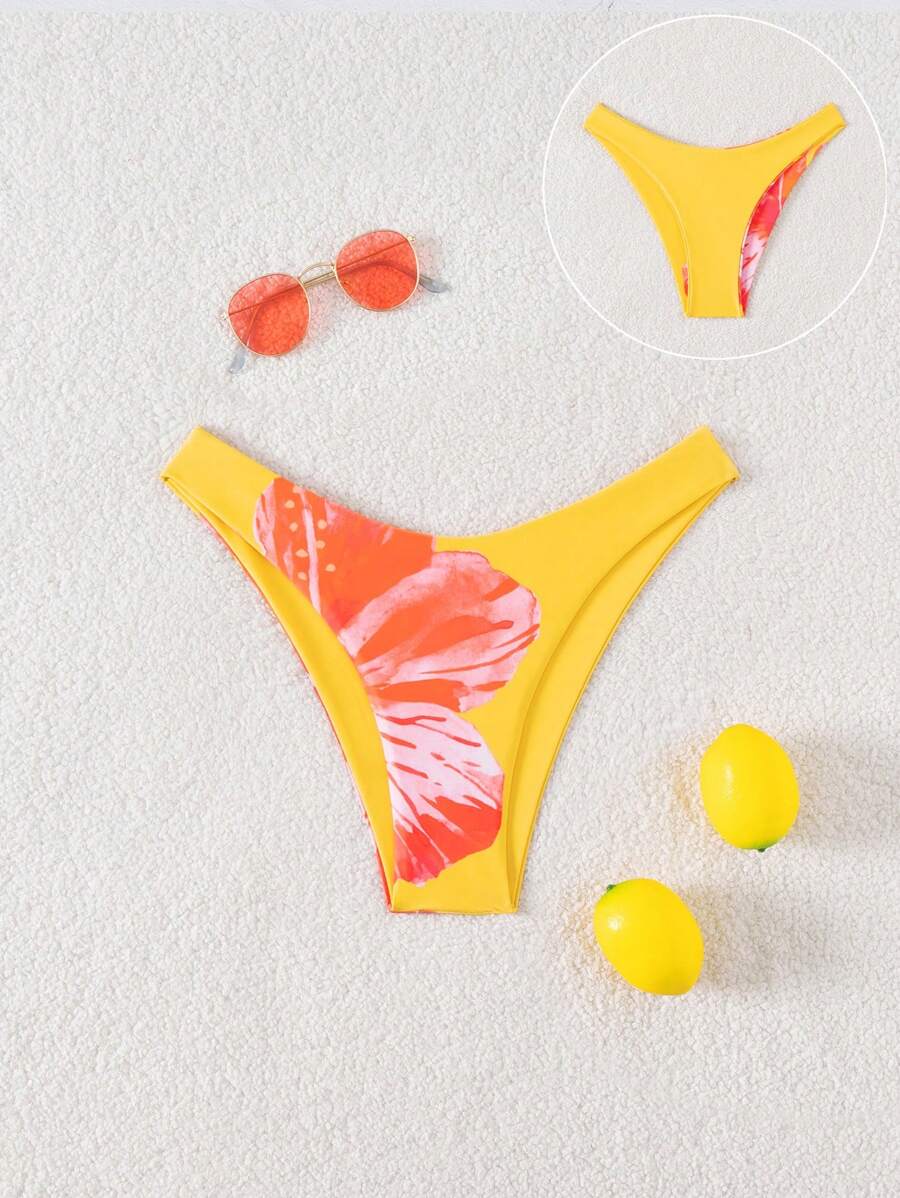 Swim Mod 1 件女士黄色花卉印花比基尼泳裤 - 黃色 - 查看 1