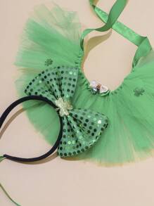 PETSIN 2pcs St. Patrick's Day Pet Bow Headband & Lace Skirt Set