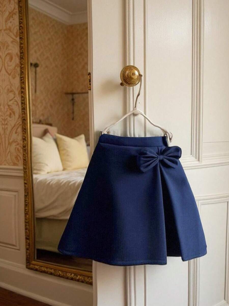 Souflis Souflis 1pc Young Girl A-Line Skirt With Elastic Waist & Bow Decoration, Elegant Fashion Casual Outdoor