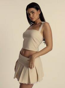 MUSERA Lace Trim Structured Square Neck Cropped Top Spring Summer Cute - Cream - View 2