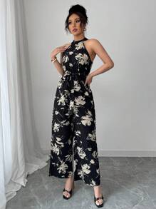 Elenzga 女式花卉印花吊带连体裤，腰部收紧 - 黑色 - 查看 3