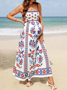 SHEIN 孕妇优雅而优雅的细肩带露背 Selenipedium & Azalea 花卉印花夏季吊带连衣裙 - 彩色 - 查看 3