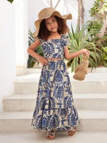 SHEIN Young Girl Casual Fashion Ditsy Floral Pullover Top And Skirt Set - Blue and White - View 4