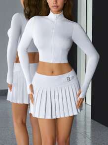 SHEIN ICON 白色女士服装纯色 Y2k 外出开衫上衣和褶腰不对称裙子套装，日常穿着，运动风格 - 白色 - 查看 10