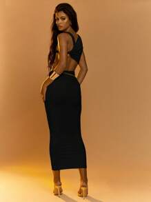 MISSGUIDED Asymmetric Cut-Out Two-Piece Set Elegant Evening Party Co-Ord Crop Top High Waist Midi Skirt Modern Dance Performance Outfit Occasion Club Wear Party Set