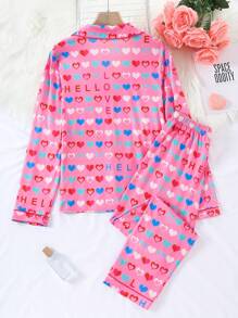 SHEIN Women's Casual Classic Lapel Pink Heart Print Top And Pants Pajama Set