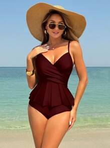 Swim Lushoire Conjunto de 2 piezas de tankini de traje de baño con parte superior triángulo y Bottom con volantes y cruz retorcida en color liso