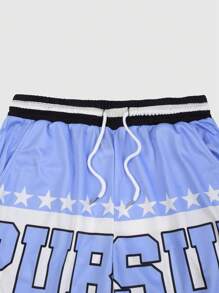 ROMWE MEN Street Life Men's Woven Contrast Color Star & Letter Print Basketball Shorts - Multicolor - View 3