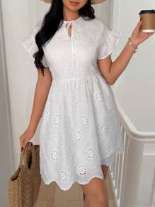 Breezaya V-Neck Solid Color Knit Embroidered Lace Trim Short Sleeve Dress, Random Butterfly Embroidery, Vacation Beach Summer Dress - White - View 3