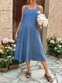 SHEIN Vestido vaquero azul casual sin mangas para embarazadas para vacaciones, conjunto de ropa de verano para mujeres/verano/ropa de verano/blusas de verano lindas, vestido, festival/atuendos de festival, atuendos de rave/atuendo de concierto para mujeres/atuendo de concierto de country/rave/atuendos de rave de festival/atuendos de Nashville/atuendos de Ibiza, elegante, bohemio/bohemia/ropa de mujer bohemia; vacaciones, festival de música, bohemio, atuendos de playa para embarazadas, verano/conjuntos de verano para mujeres, adecuado para verano, atuendos de playa y vacaciones de primavera-verano, moda, regalo para el Día de la Madre/Mamá/Madre/Mamá/Día de la Madre/Mamá/Mamá