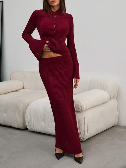 EURMUSE Casual Fashionable Solid Color Burgundy Knit 2 Pieces Set – Long Sleeve Button Front Fitted Top With Flared Split Cuffs & Matching High Waist Maxi Skirt Minimal Chic Business Casual Outfit For Women #Ootd