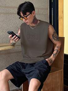 DAZY 男士字母印花麂皮休闲背心，灰色，夏季 - 深灰色 - 查看 4