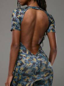 MUSERA Bedrukt lichaam, volledige lengte, getailleerd, uitgesneden rug, jumpsuit, straatstijl, sexy, club, lente, zomer, vakantie, elegant