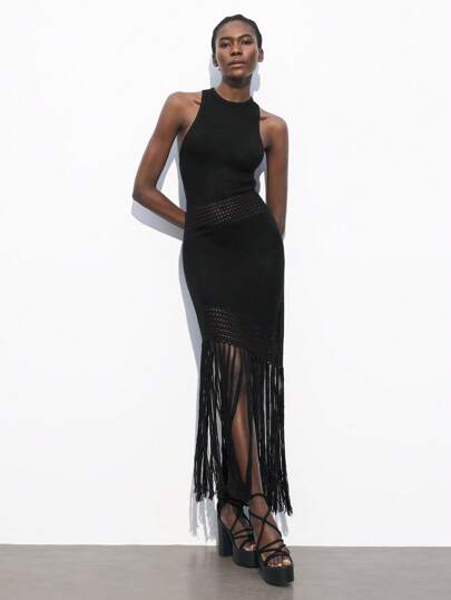 Maija 女式黑色无袖纹理面料镂空流苏下摆紧身连衣裙，时尚性感，适合早春度假穿着，适合波西米亚风、7 月 4 日、圣约翰节、毕业典礼、节假日，女士休闲连衣裙，钩针巡航装，女士性感连衣裙，女士西式连衣裙，约会夜装