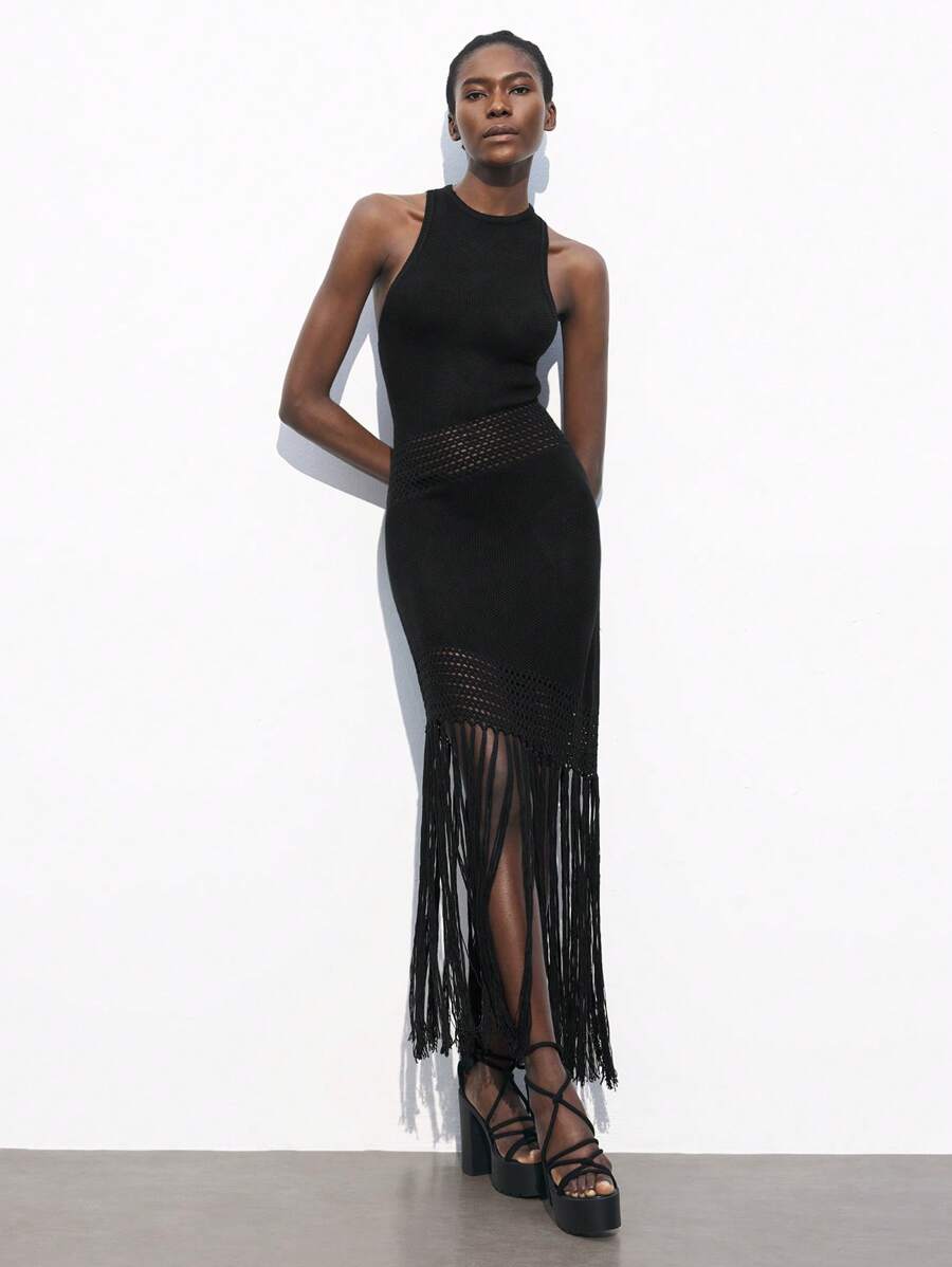 Maija Women's Black Sleeveless Textured Fabric Hollow-Out Fringe Hem Bodycon Dress, Fashionable & Sexy For Early Spring, Resort Wear, Suitable For Boho, 4th Of July, Saint John, Graduation, Holidays Casual Dresses For Woman Crochet Cruise Outfits Women Sexy Dresses For Women Western Dress Date Night Outfits Women Black Dress  Casual Dresses For Women - Black - View 1