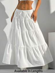 SHEIN PETITE CURVE Plus Size Women Solid Color Waist Tie Layered Ruffle Hem Long Casual Skirt