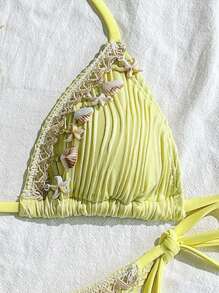 Soleia Summer Outfits For Women,Swim Suits For Women,Vacation Outfits Woman,Beachwear,Beach Outfits For Woman,Women's Bright Yellow Knitted Wave Pattern Jacquard Textured V-Neck Backless Halter Tassel Decor Beach Bikini Set, Vacation