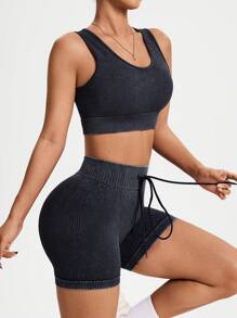 Easithlete Women's Sports Set, Drawstring Waist, Simple & Fashionable, Casual For Everyday Wear - Black - View 3