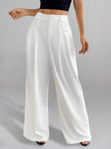 Chiquease 女士优雅休闲/办公褶皱白色长裤